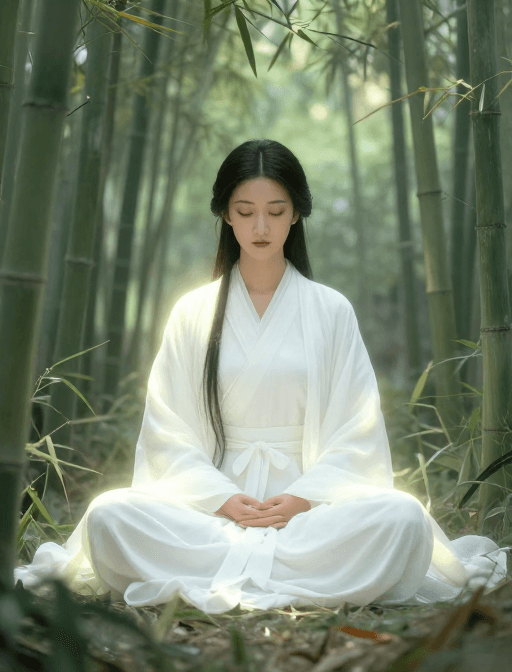 东方插画素材：东方仙韵：佛系白衣女子竹林光影素描