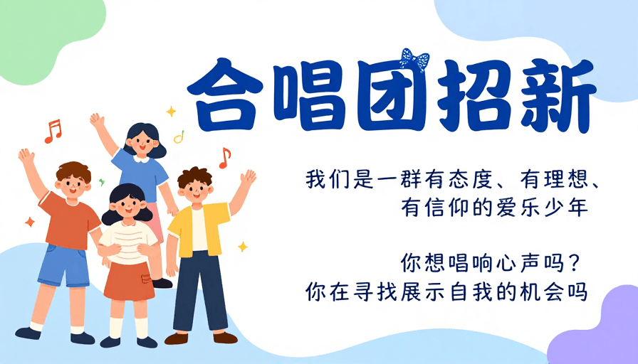 宣传推广素材：清新扁平插画：合唱团趣味招新海报设计