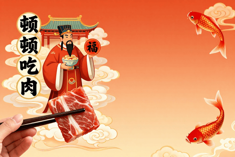 祥云图案素材：福满人间：中式官员与美食的节庆插画