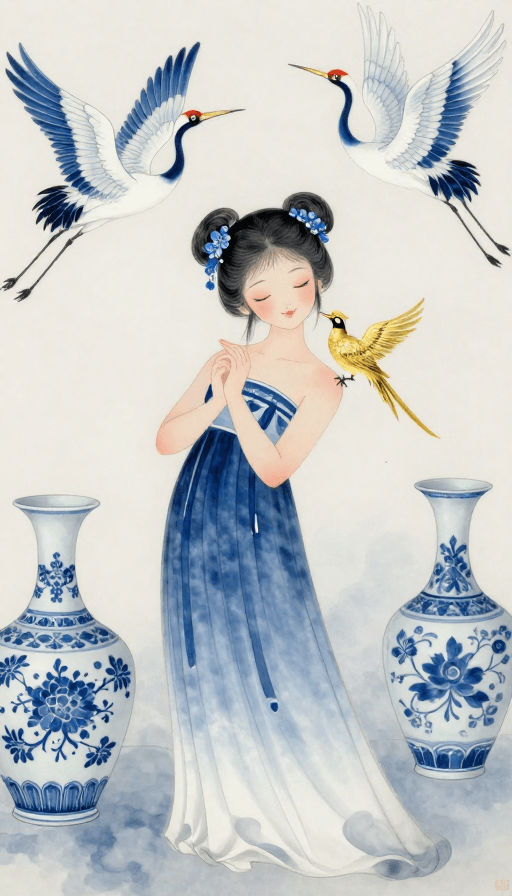 水墨渐变素材：水墨青花双髻少女插画：青瓷与仙鹤的恬静之美