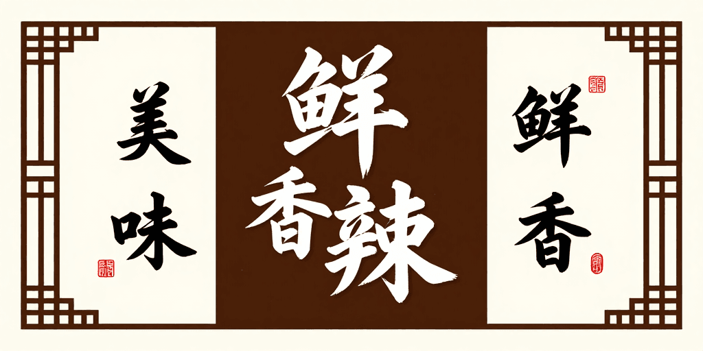 深棕米白配色素材：中式书法美食海报：深棕米白演绎鲜香美味