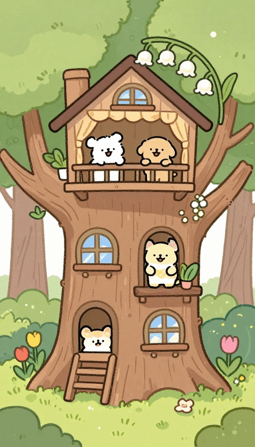温馨治愈素材：森林三层树屋住小动物 治愈系插画风