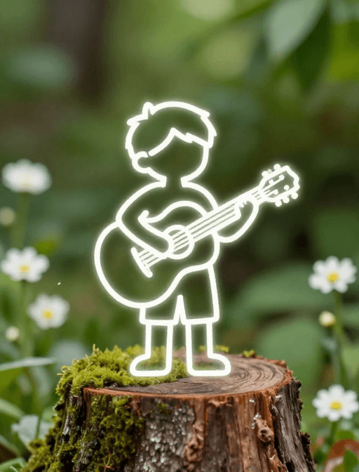 极简线条素材：青苔树桩上的音乐男孩：童心插画