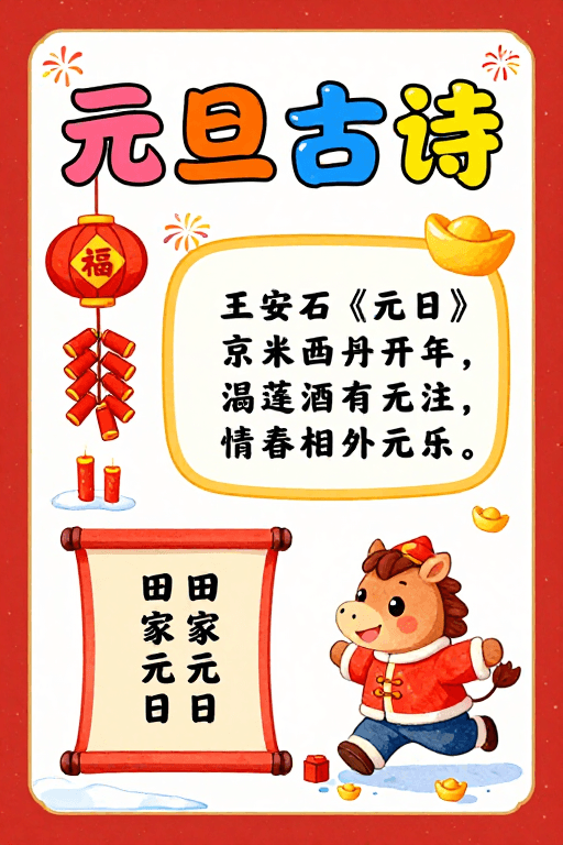 水彩手绘素材：元旦古诗手绘海报：童趣色彩与传统文化结合