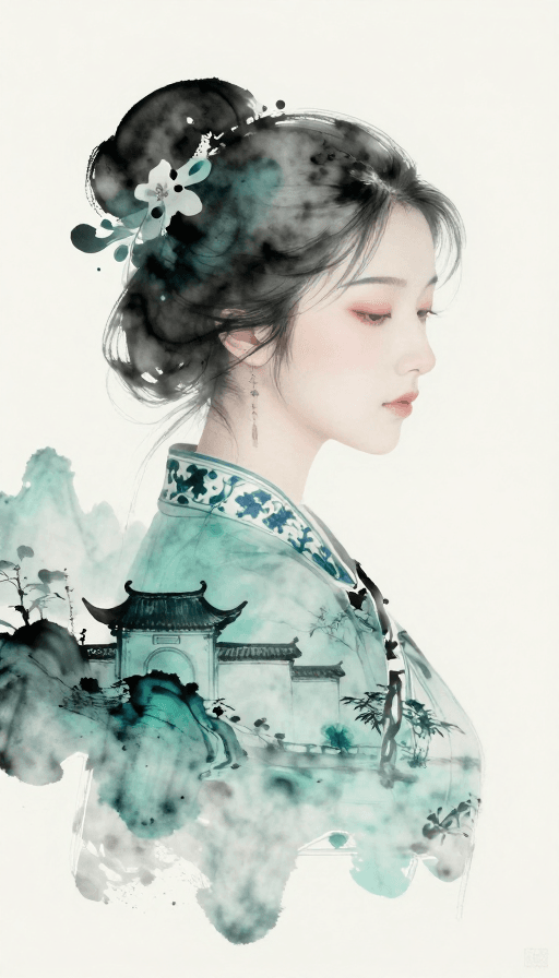 双重曝光素材：新中式水墨意境：古典美人融于山水建筑的内心宁静