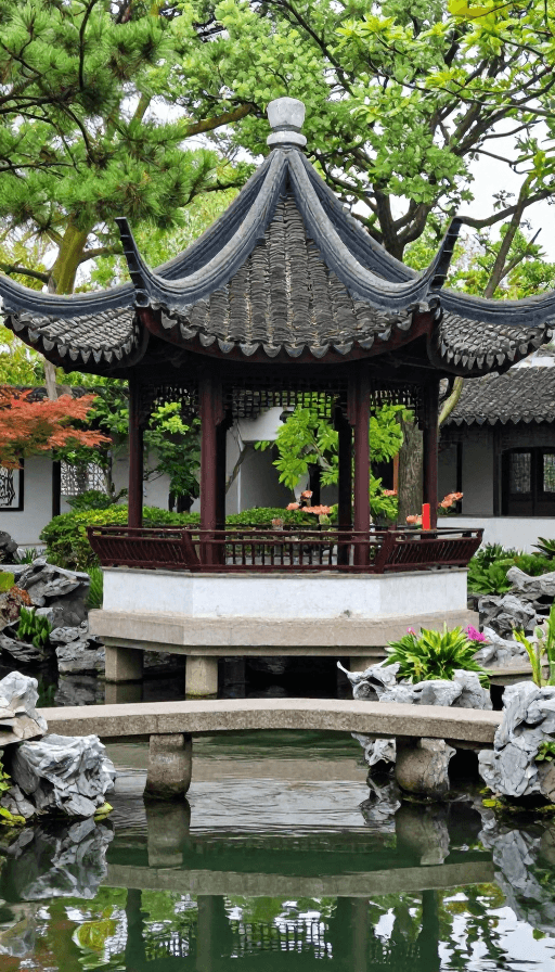 古典园林素材：古典园林意境：亭台楼阁与四季花卉的和谐画卷