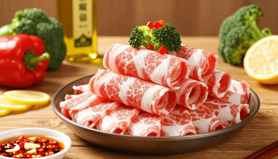 新鲜蔬菜素材：高清雪花牛肉火锅食材特写，暖调光影呈现诱人质感