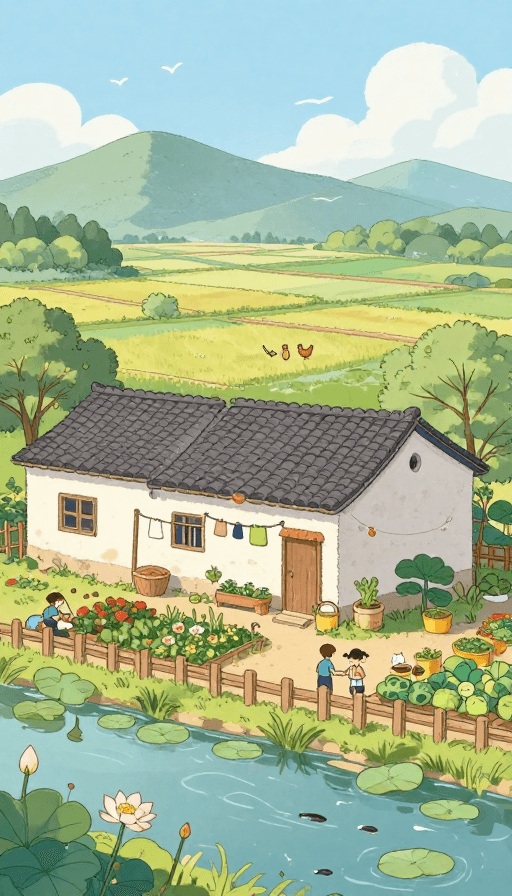 田园插画素材：宁静田园：温馨乡村插画风光