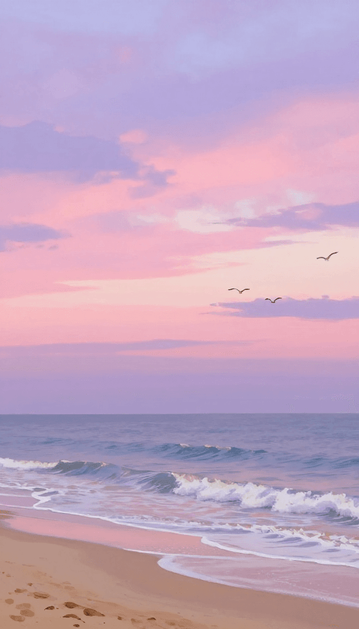 海边日落素材：海天霞色下的宁静海岸：浪漫日落绘画
