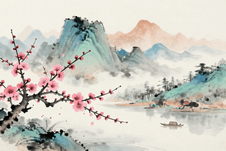 装饰背景素材：淡雅水墨：红梅傲雪映寒江