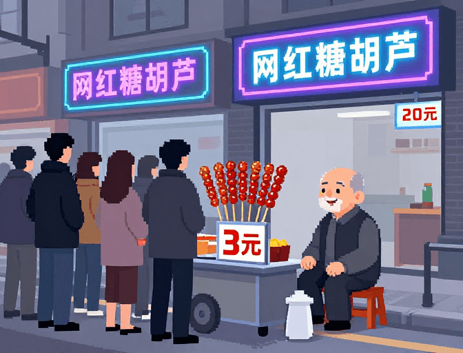 传统手工艺素材：像素温情：老街童与网红店的冷暖对比