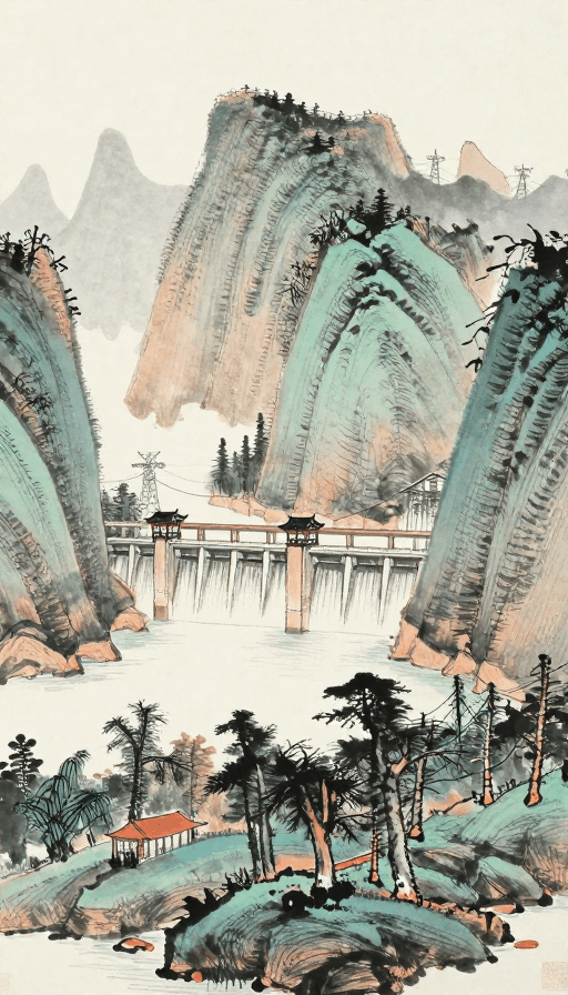 传统山水画素材：水墨山水与现代水坝交融的东方画卷