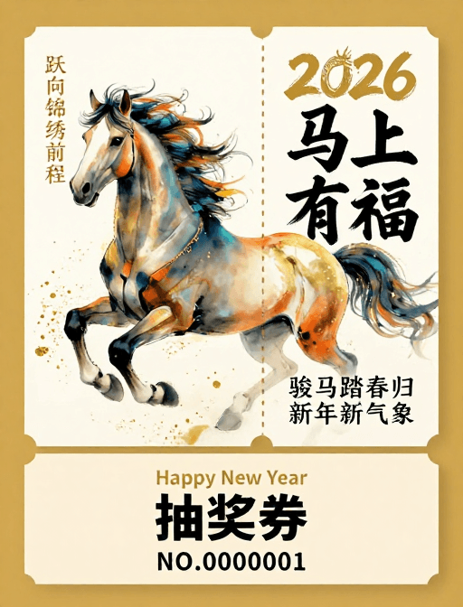 新年抽奖券素材：中国风新年水墨骏马抽奖券设计