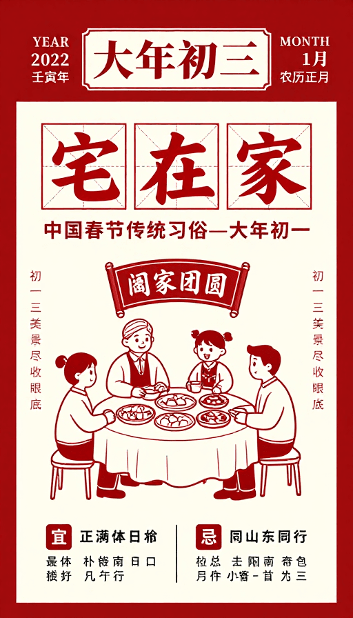 中国传统风素材：春节团圆·传统书法与家庭插画海报设计