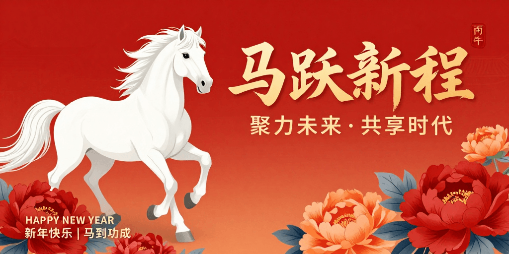 现代海报素材：新岁马跃·牡丹迎春 现代插画风春节海报