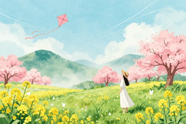 治愈系插画素材：春日水彩田园：梦幻风筝与樱花