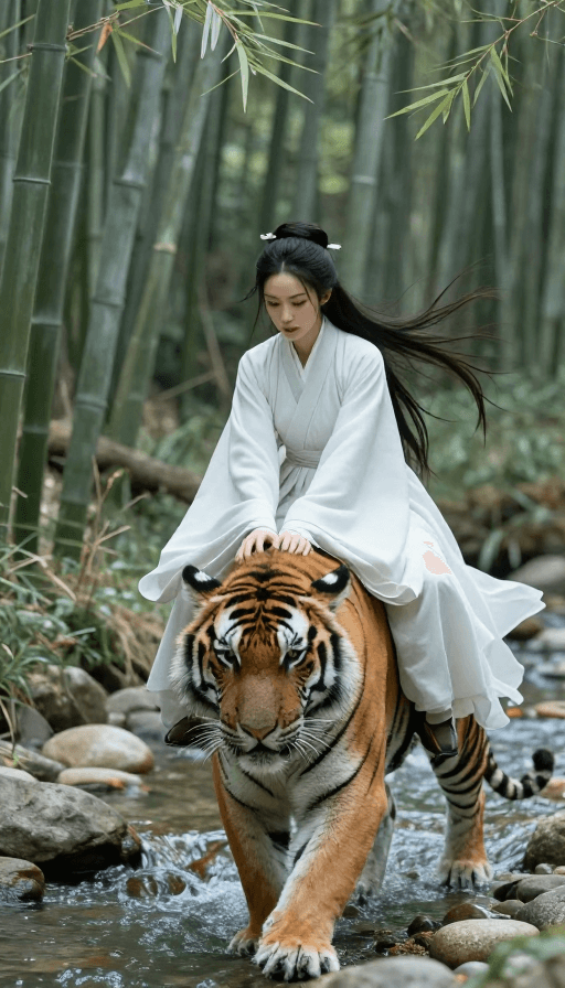 头像设计素材：古风侠女驯虎：竹林溪畔的威风凛凛对决