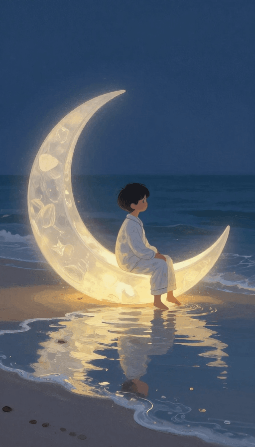 手绘艺术素材：睡衣男孩与梦幻弯月：治愈水粉童话夜景