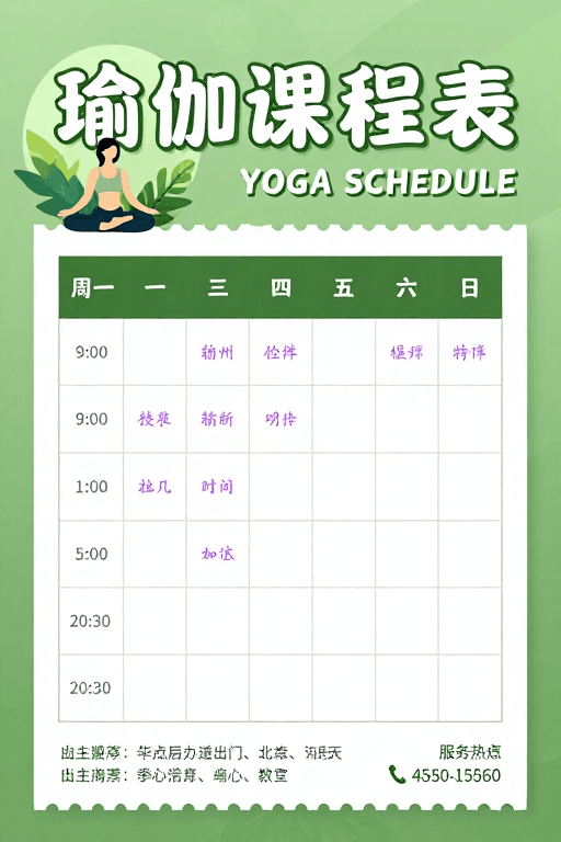 健康生活方式素材：现代简约绿色瑜伽课程表海报设计