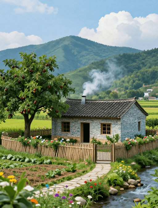 乡村建筑素材：诗意田园：青瓦炊烟下的宁静山村