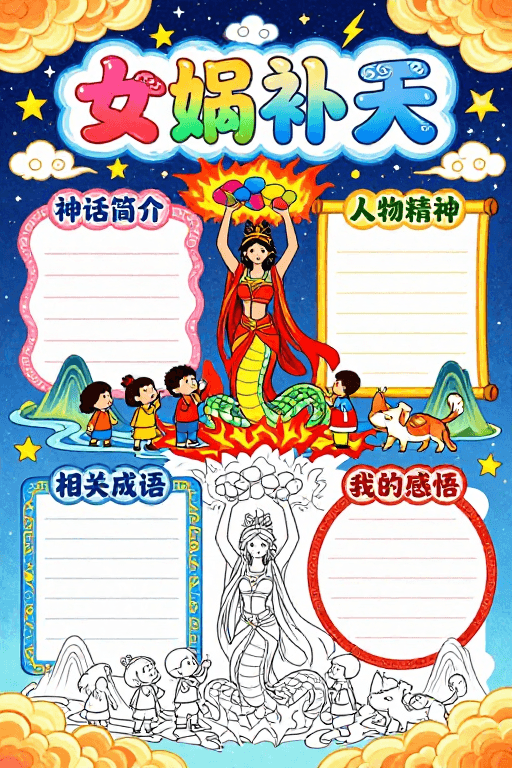 中国传统素材：童趣风绘《女娲补天》神话海报，传统色彩与教育结合