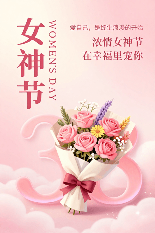 粉色梦幻素材：粉色梦幻女神节海报，温馨浪漫的38妇女节艺术