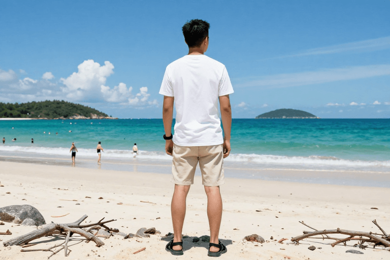 海滩风景素材：碧海蓝天下的静谧旅人