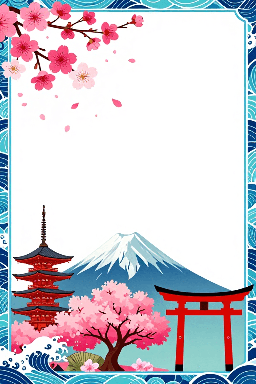 樱花场景素材：日式浮世绘富士樱景插画背景