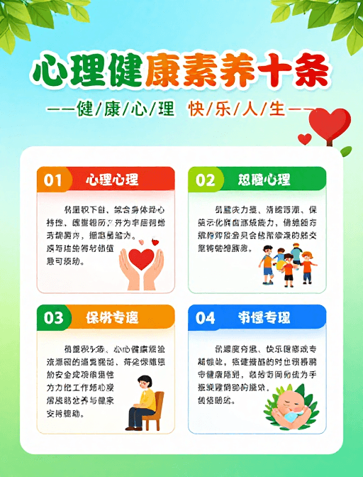 公益主题素材：心理健康素养十条清新海报设计
