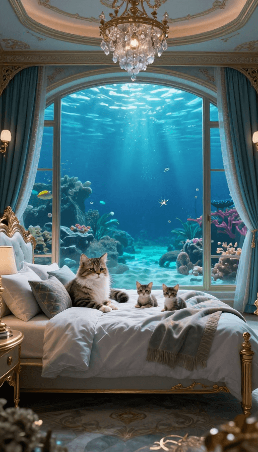 海底素材：深海秘境·奢华猫巢：透明窗下的梦幻家园