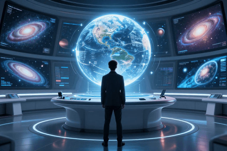未来科技感素材：未来科技：冷调光影下的男子凝视全息宇宙