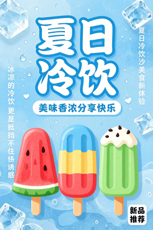 视觉引导素材：夏日冰饮海报：立体文字与缤纷雪糕插画融合设计