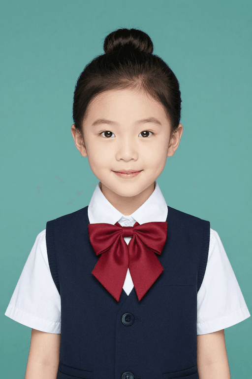 高丸子头素材：柔光下的亚洲少女：高丸子头与红领结的纯净笑容