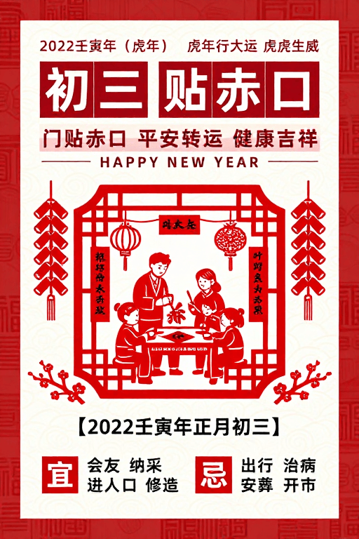 文化海报素材：红白剪纸风春节海报：贴赤口迎新纳福