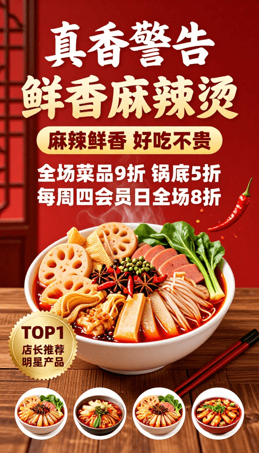 红色渐变素材：川渝麻辣美食：真香预警！全场9折，每周四会员日8折