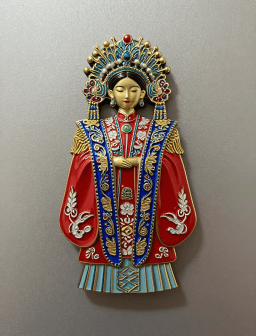 金属材质素材：精致金属风冠霞帔冰箱贴：细腻工艺展现东方韵味