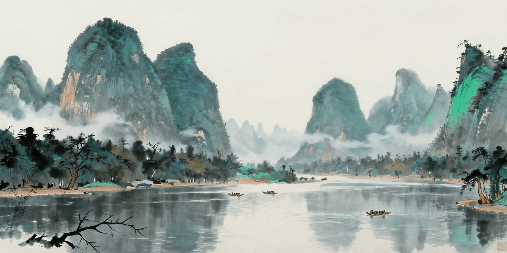 摄影级品质素材：水墨漓江：青峰云影与舟棹静景