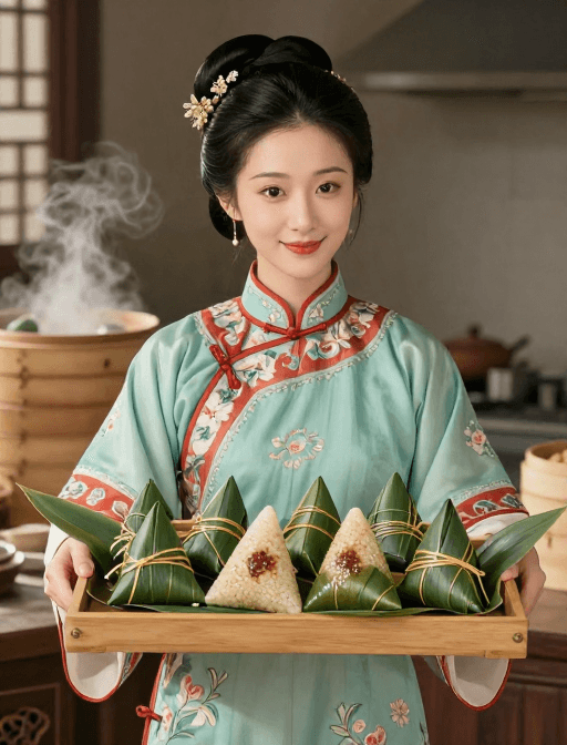 工笔国画素材：古典旗袍美女端粽，工笔国画意境端午传统