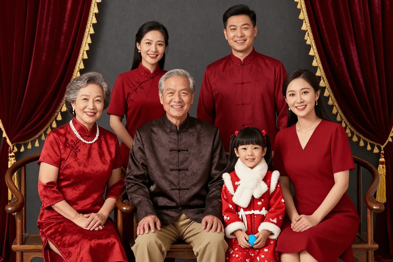 春节家庭合影素材：六口之家春节合影：中式服饰与温馨家庭氛围