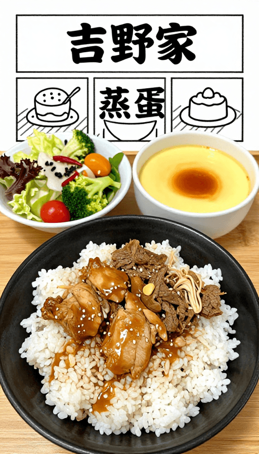 创意海报素材：手绘吉野家午餐：创意鸡肉饭与牛肉饭插画