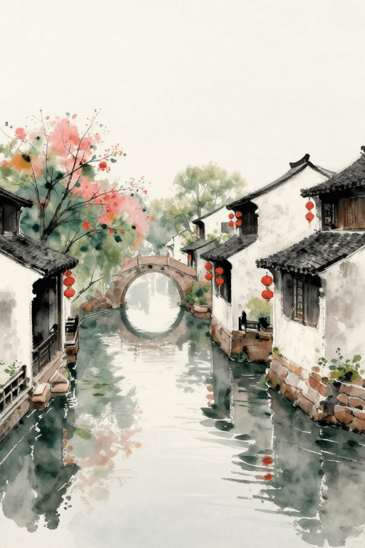 艺术展示素材：水彩江南水乡：静谧花海中的诗意小镇