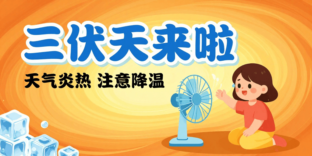 橙黄色渐变素材：三伏天高温预警：清新插画风公益海报