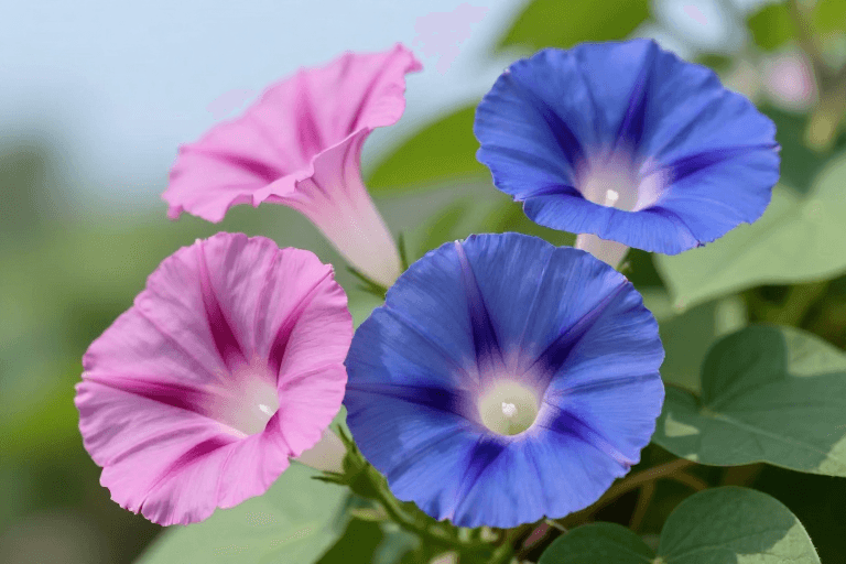 高清实景素材：梦幻牵牛花绽放：自然光影下的清新园艺特写