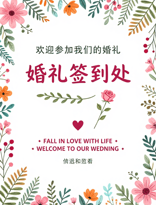 手绘海报素材：森系婚礼签到处手绘插画海报
