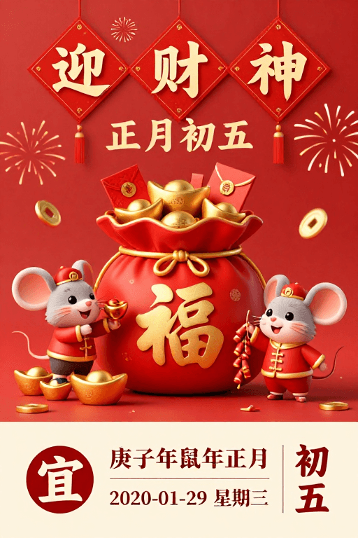 生肖鼠年素材：中国风新年迎财神海报：卡通鼠与福袋的喜庆祝福