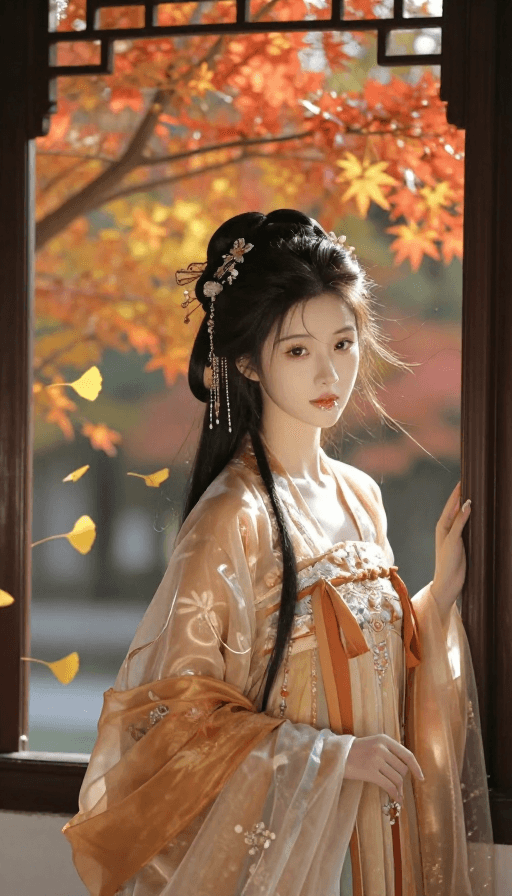 古风意境素材：古风秋窗景致：岁月诗意中的高颜值汉服少女