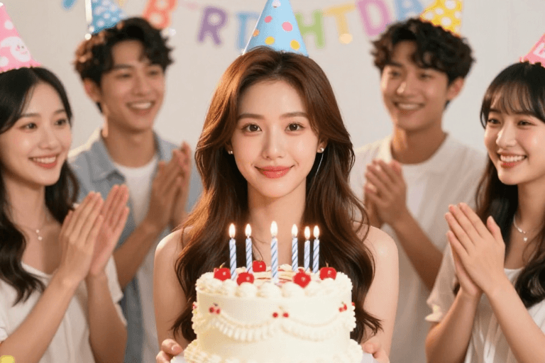高饱和度素材：生日派对欢聚时刻，暖光聚焦好友庆祝瞬间