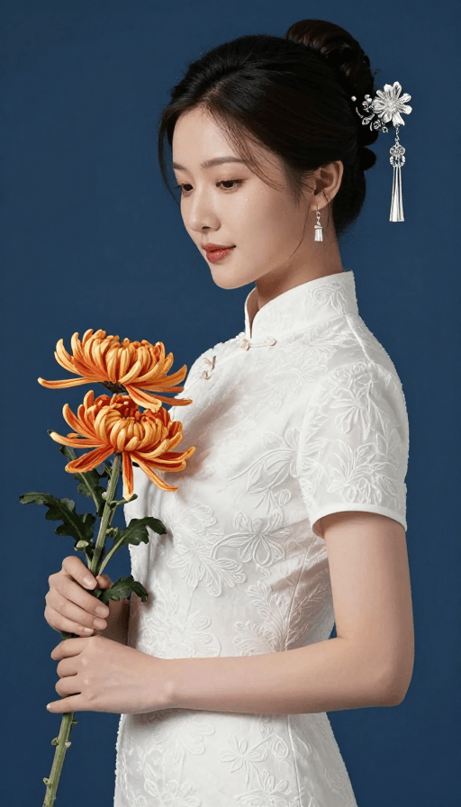 高清肖像素材：东方韵味：旗袍女子持菊侧影