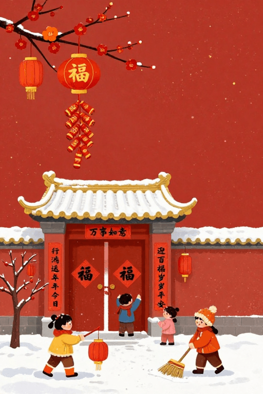 传统纹样素材：中国风新年插画：红梅福字与喜庆童趣
