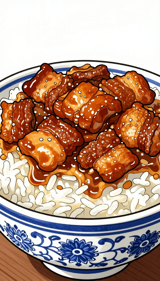 手绘漫画素材：手绘油润红烧肉配粒分明白米饭特写